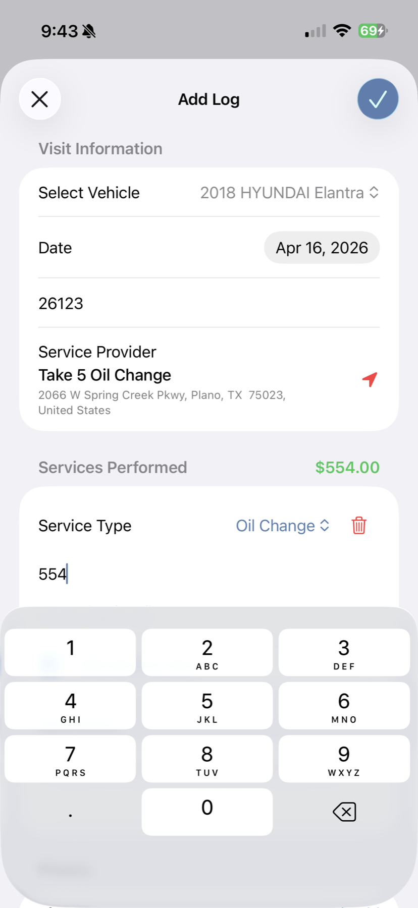 GreaseNote add log screen for recording a service