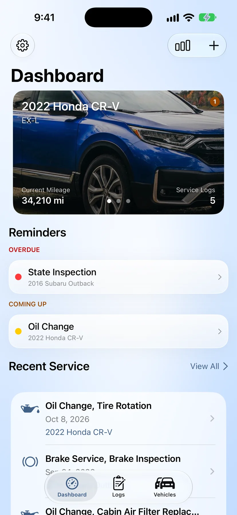GreaseNote iPhone app dashboard showing overdue and upcoming car maintenance reminders and recent service