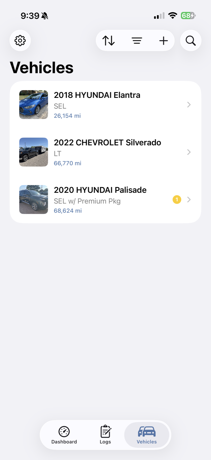 GreaseNote vehicles list showing every car in the family