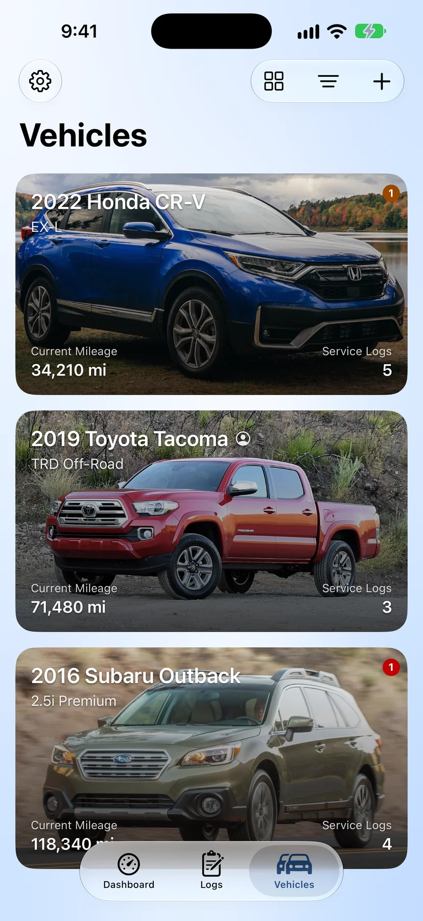 GreaseNote iPhone app vehicles list showing every family car, including a vehicle shared with another driver